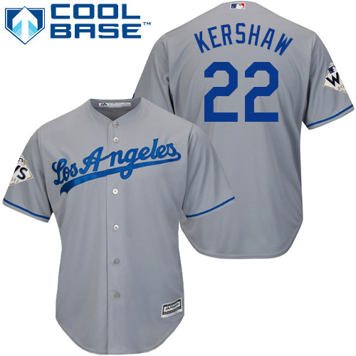 Dodgers #22 Clayton Kershaw Grey Cool Base World Series Bound Stitched Youth MLB Jersey